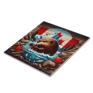 Carreau Un castor canadien construit un barrage dans la ri