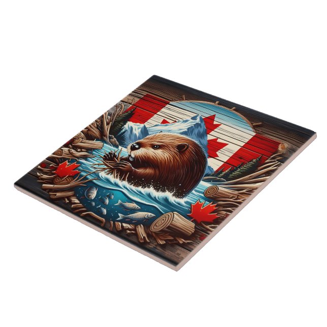 Carreau Un castor canadien construit un barrage dans la ri (Côté)