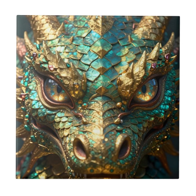 Carreau Un dragon mystique turquoise et or (Devant)