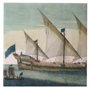 Carreau Un Galleass trois-mâté en cours par la voile,