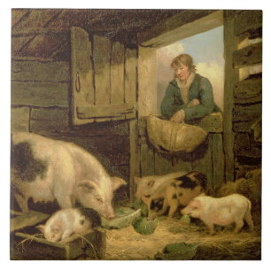 Carreau Un garçon regardant dans une étable de porc, 1794