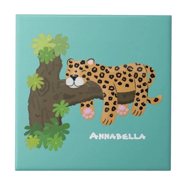 Carreau Un mignon léopard dormant dans un arbre dessin ani (Devant)