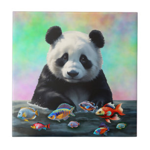 Carreau Un panda regarde curieusement des poissons colorés
