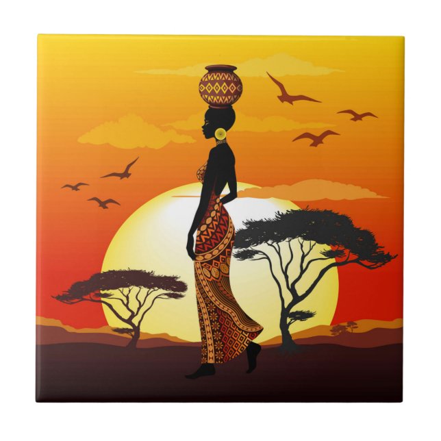 Carreau Une belle femme africaine Silhouette sur les solei (Devant)