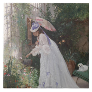 Carreau Une dame dans un jardin qui soigne ses fleurs avec