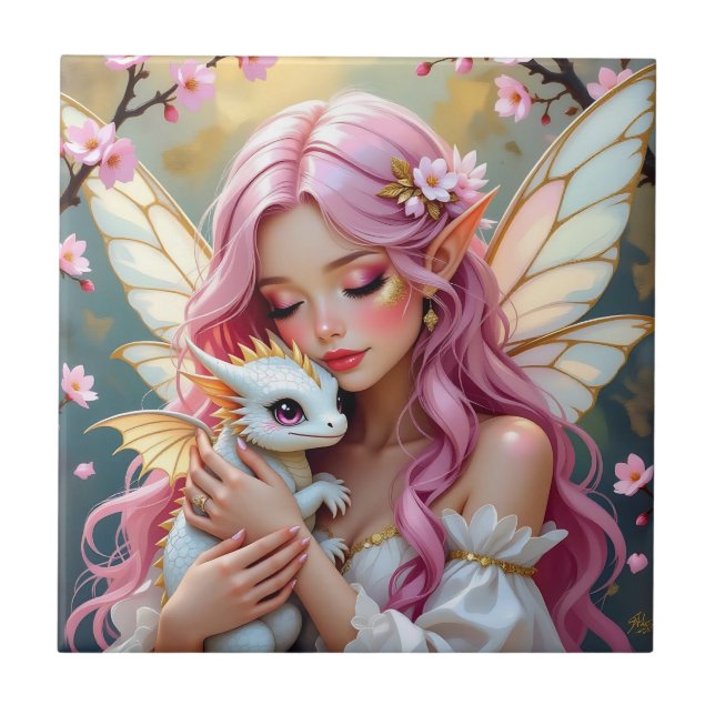 Carreau Une Fée Élégante et son Bébé Dragon Personnalisés (Devant)