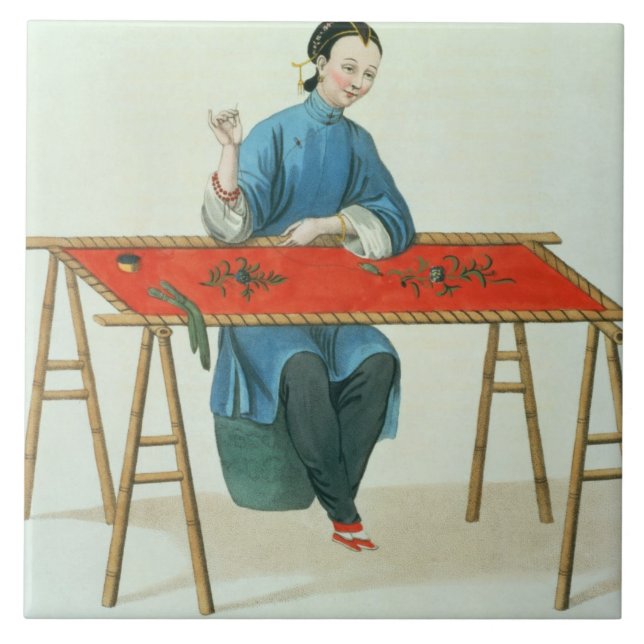 Carreau Une femme brodant, plaquent 41 'du costume o (Devant)