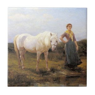 Carreau Une femme de la campagne prend un cheval à l'eau