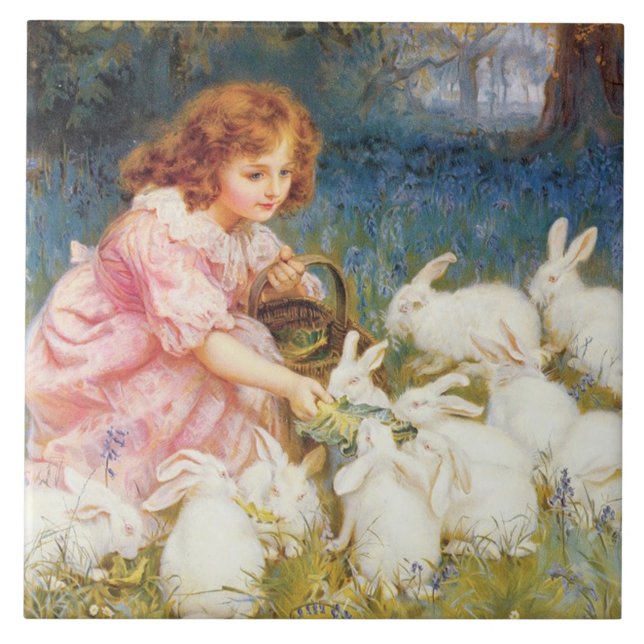 Carreau Une fille nourrit les lapins (par Frederick Morgan (Devant)