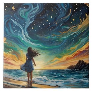 Carreau Une jeune femme regarde les étoiles dans la mer