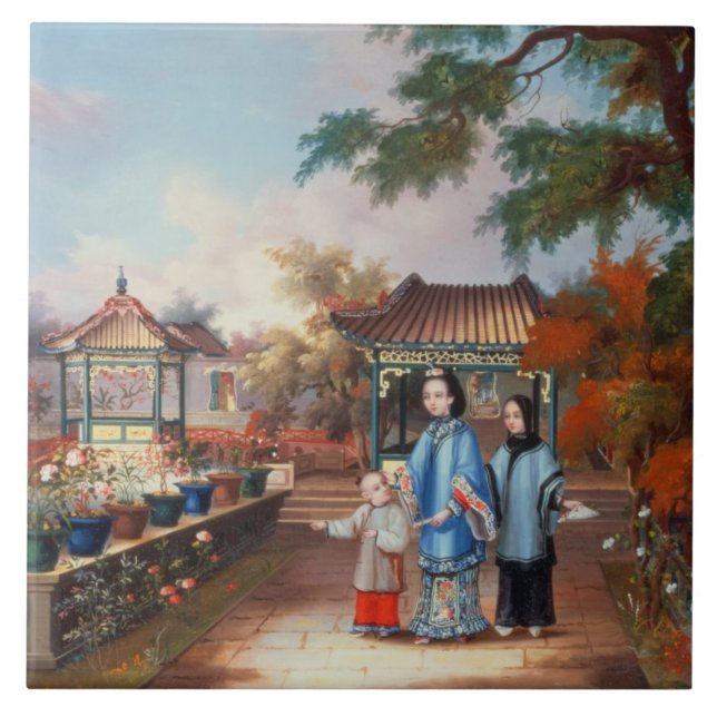 Carreau Une mère avec ses enfants dans un jardin chinois, (Devant)
