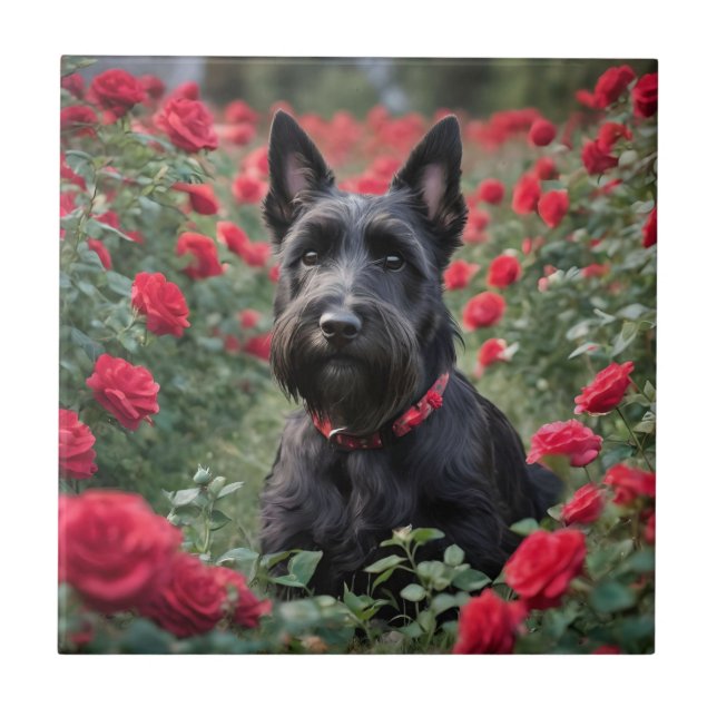 Carreau "Une rose rouge pour le Terrier écossais noir" (Devant)