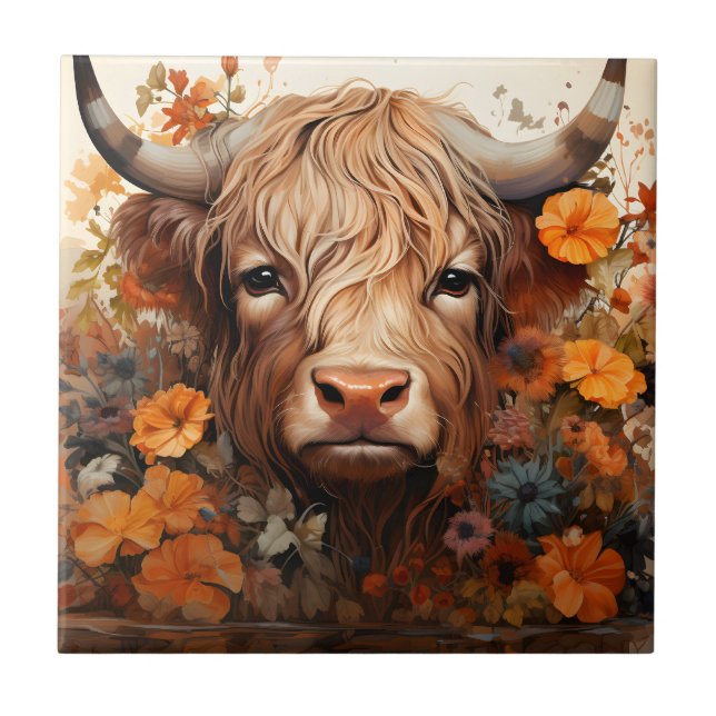 Carreau Une série de vaches des Highlands florales Design  (Devant)