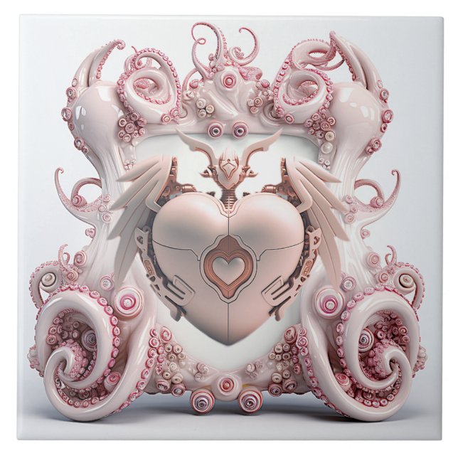 Carreau Une tuile de pieuvre rose avec un coeur au centre (Devant)