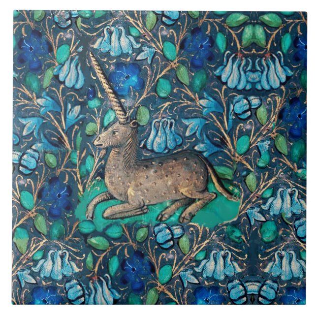 Carreau UNICORN PARMI LES FLEURS BLEUES Aqua Blue Green Fl (Devant)