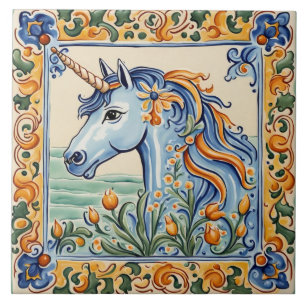 Carreau Unicorne Méditerranée Jaune & Bleu Folk Floral