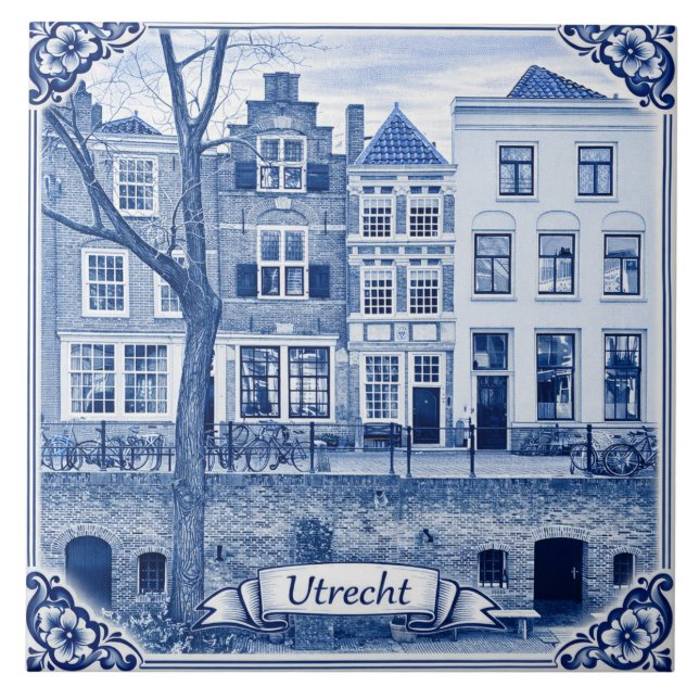 Carreau Utrecht canal houses Delft Blue style ceramic tile (Devant)