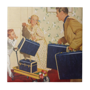 Carreau Vacances en famille vintage, papa, enfants et vali