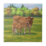Carreau Vache d'Aubrac et veau mignon dans le pâturage de<br><div class="desc">L'Aubrac, également connu sous le nom de Laguiole, est une race française très ancienne de bovins. Il est situé sur le Plateau de l'Aubrac, dans le Massif Central, dans le centre-sud de la France. Ils sont de couleur bronzée, de taille moyenne, bas, et les mâles et les femelles ont des...</div>