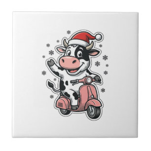 Carreau Vache de Noël à scooter rose vintage vecteur_1