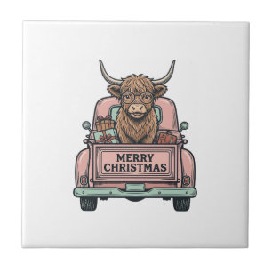 Carreau Vache des Highlands Camion de Noël Gravure Vintage