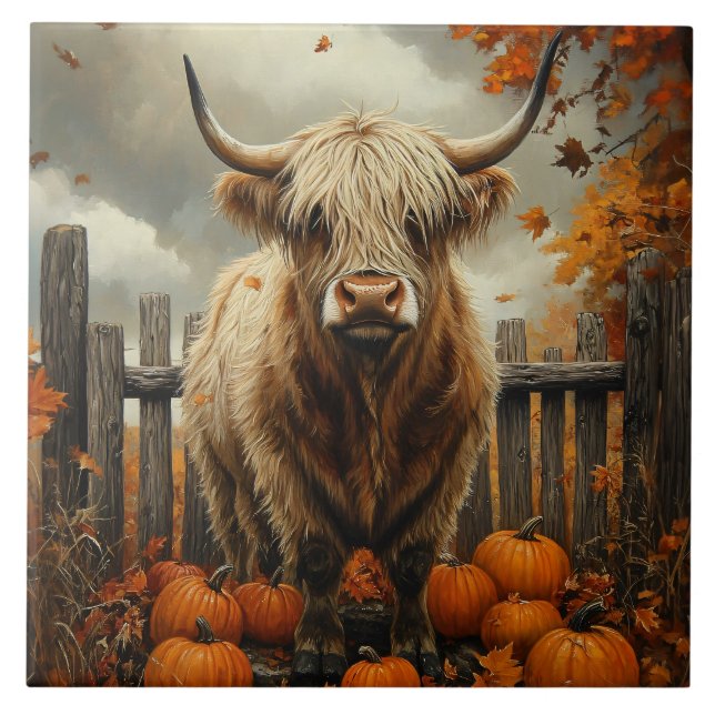 Carreau Vache des Highlands dans un champ de citrouilles (Devant)