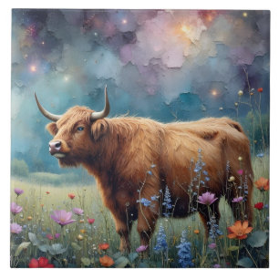 Carreau Vache des Highlands dans une tapisserie florale co
