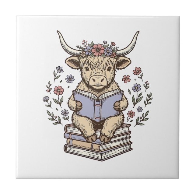 Carreau Vache Florale de Lecture Mignonne Pile de Livres C (Devant)