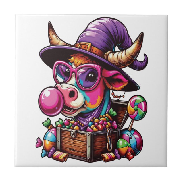 Carreau Vache Highland arc-en-ciel Halloween (Devant)