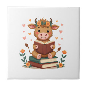 Carreau Vache Highland Vintage lisant des livres Floral Cu