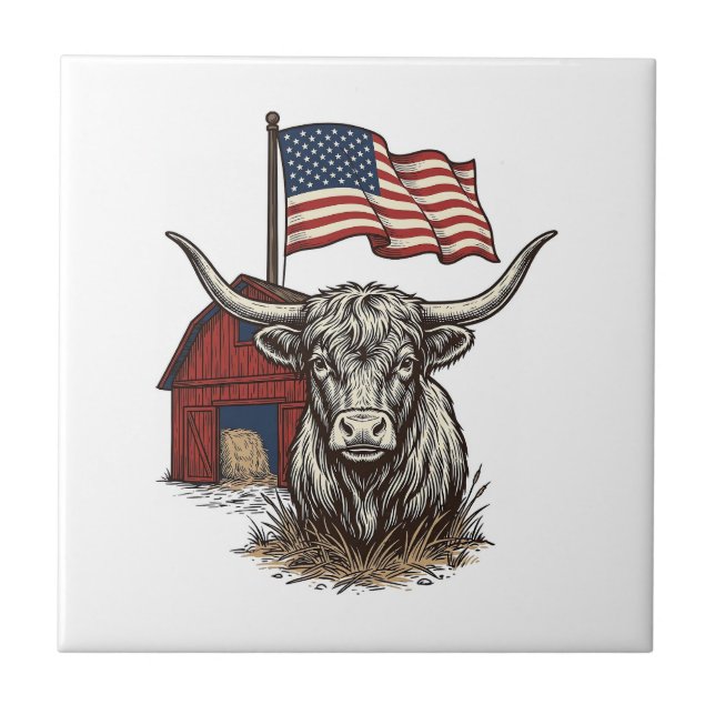 Carreau Vache Longhorn Patriotique et Conception Vectoriel (Devant)