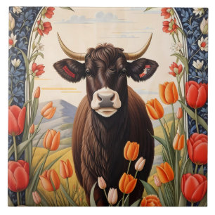 Carreau Vache mignonne aux tulipes