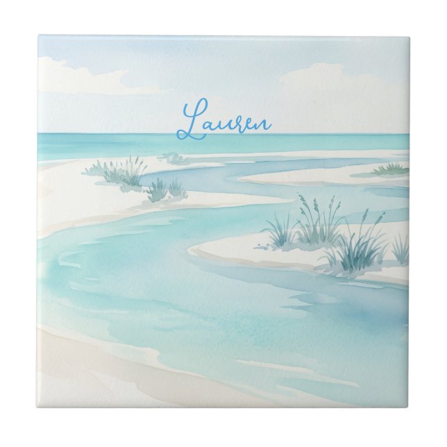 Carreau vagues de plage à l'aquarelle bleu pastel nom modi (Devant)