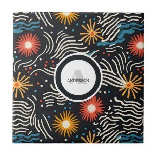 Carreau Vagues florales Abstraites sur noir