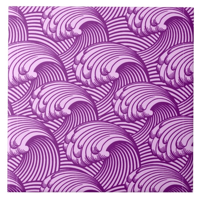 Carreau Vagues japonaises vintages, pourpre et lilas (Devant)