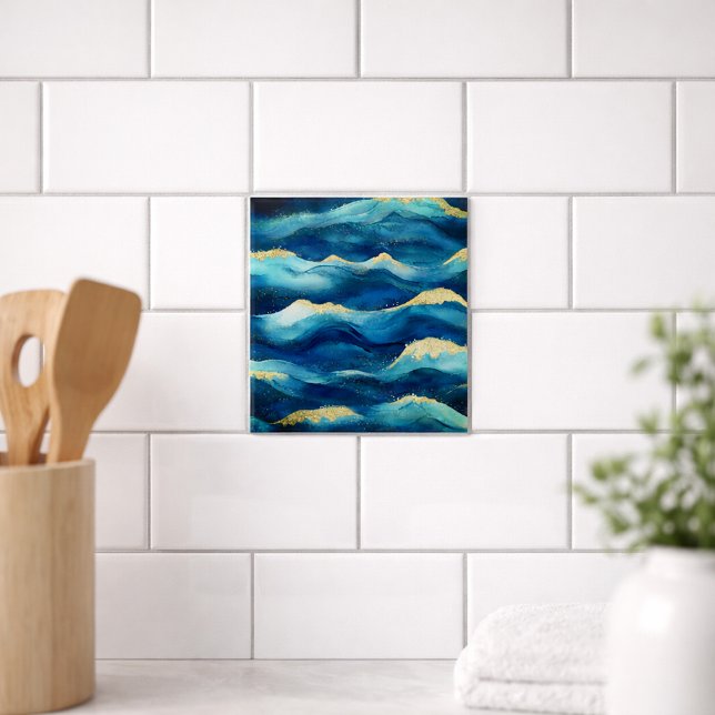 Carreau Vagues océaniques abstraites Aquarelle bleue et or (Créateur téléchargé)