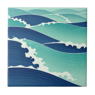 Carreau Vagues océaniques bleu sarcelle de style japonais