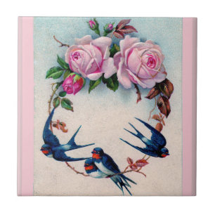 Carreau Valentine vintage avec des oiseaux et des roses
