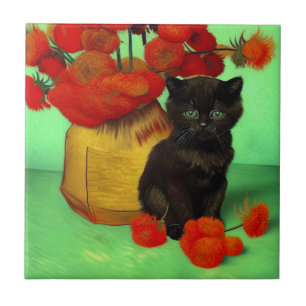 Carreau Van Gogh Black Kitten Fleurs rouges
