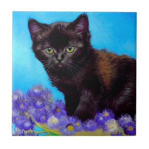 Carreau Van Gogh Chat et fleurs