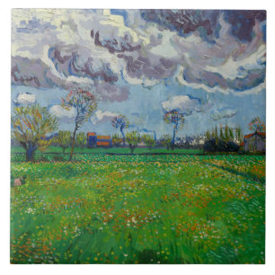 Carreau Van Gogh Meadow avec des fleurs sous un ciel orage