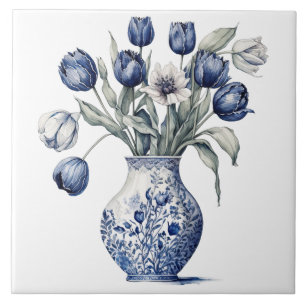 Carreau Vase à fleurs en bleu vintage de style chinoiserie