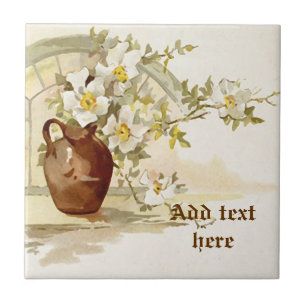 Carreau Vase brun vintage avec aquarelle de roses blanches