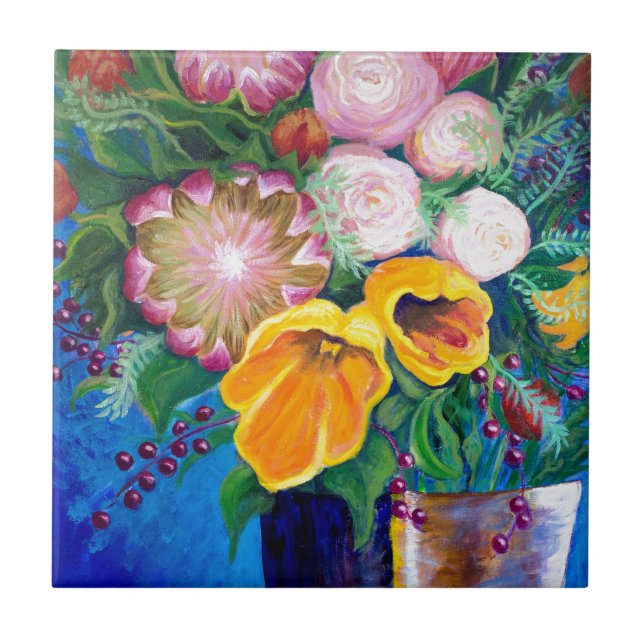 Carreau Vase de fleurs — Protéas, tulipes et Roses (Devant)