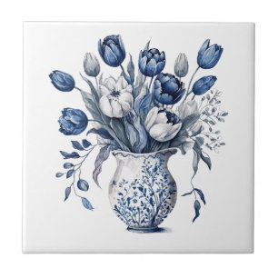 Carreau Vase Fleur Bleu Chinoiserie Vintage