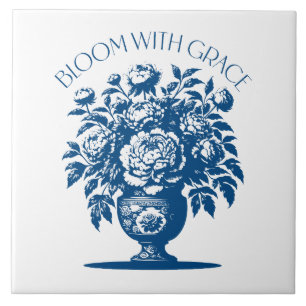 Carreau Vase Fleur Bleu Chinoiserie Vintage