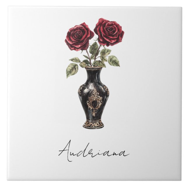 Carreau Vase florale rouge de Bourgogne noire (Devant)