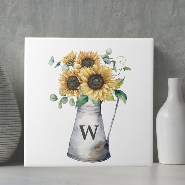 Carreau Vase tournesol automnal rustique monogrammé (In situ)