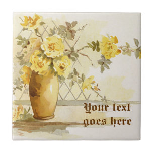 Carreau Vase vintage avec aquarelle jaune roses