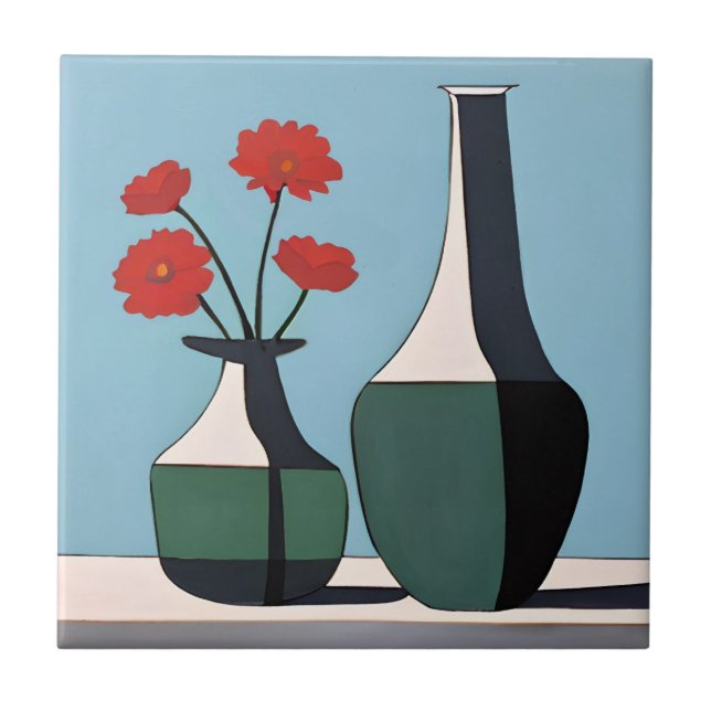 Carreau Vases noirs et blancs avec fleurs rouges (Devant)